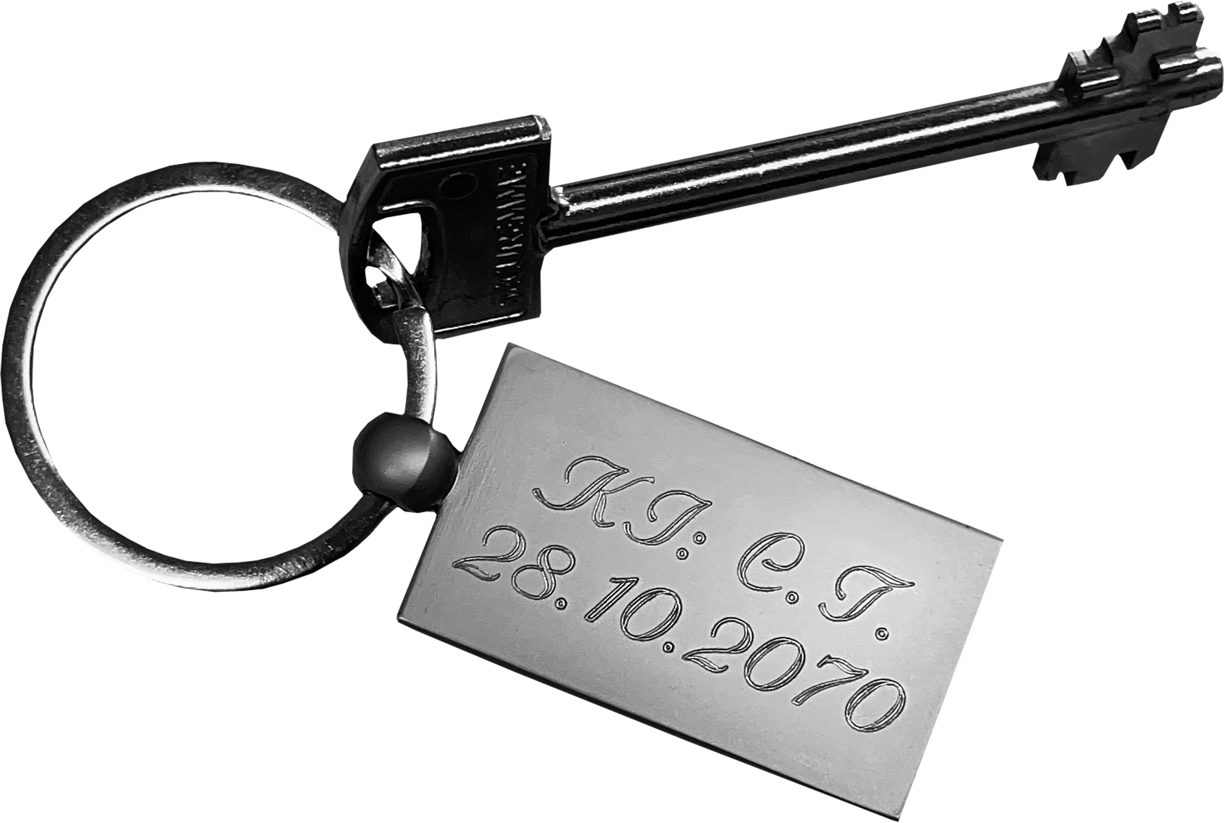 key.jpg — engraved keychain, K.I. C.T. 28.10.2070