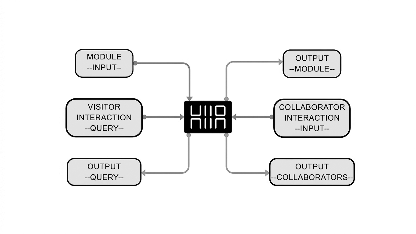 KiiA — input/output signal map: module input, visitor interaction, collaborator interaction, routed through KiiA core