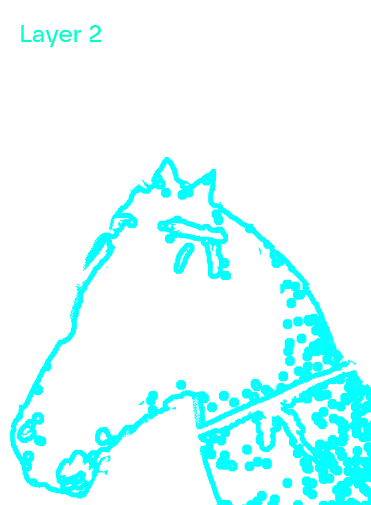 Layer 2 &mdash; edge-detected horse head, cyan on white