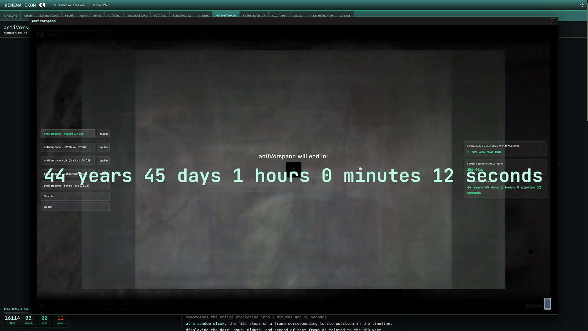 antiVorspann — installation view, monitor with countdown overlay